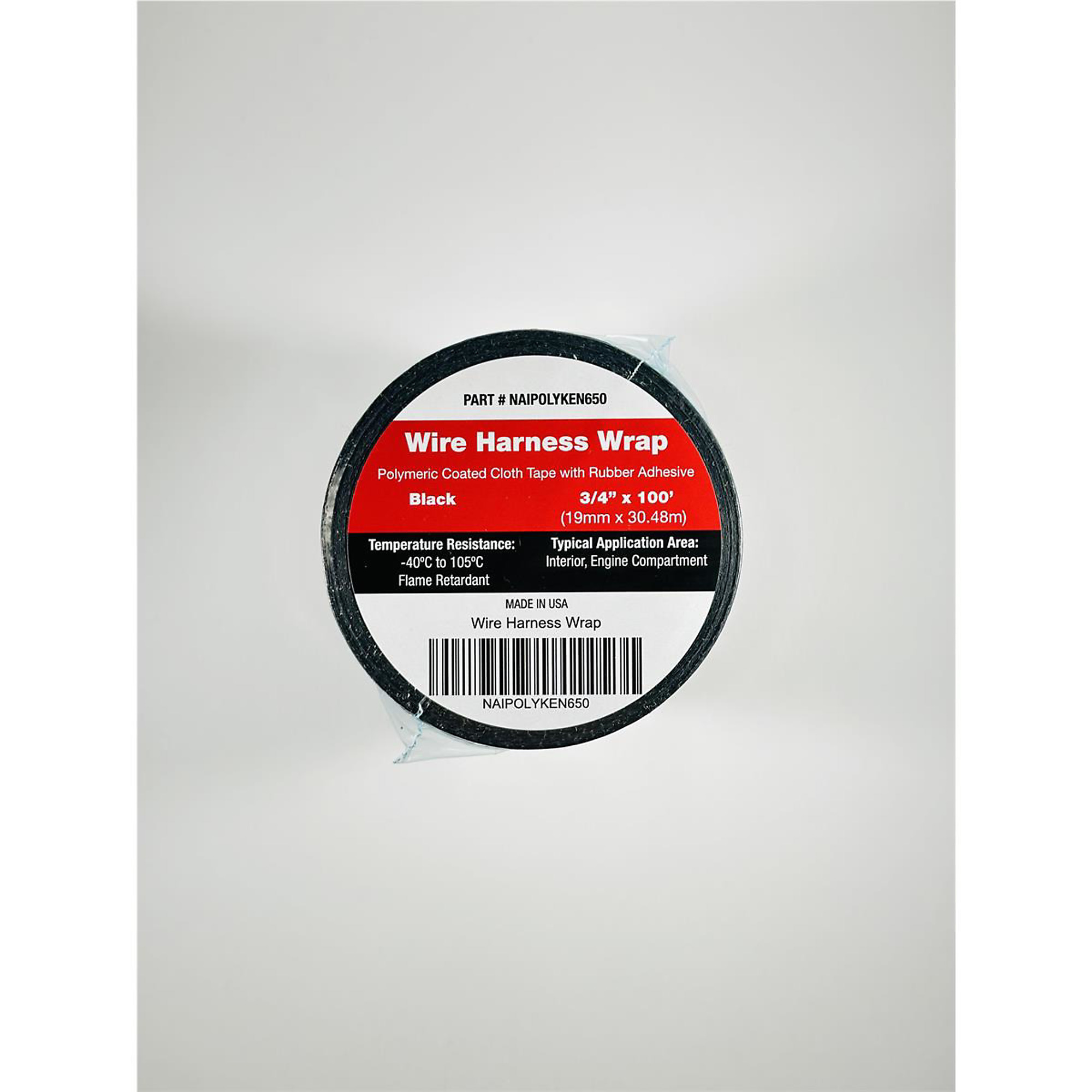 Nairn Polyken 650 Harness Tape — 3/4in. x 100ft., Black, Flame Retardant, Rubber Adhesive, Model# NAIPOLYKEN650